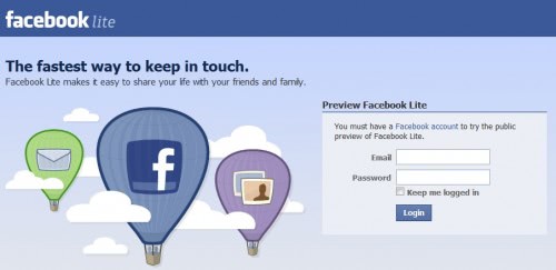 Facebook Login Page. Facebook Lite Login page