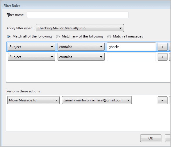 thunderbird message filters rules