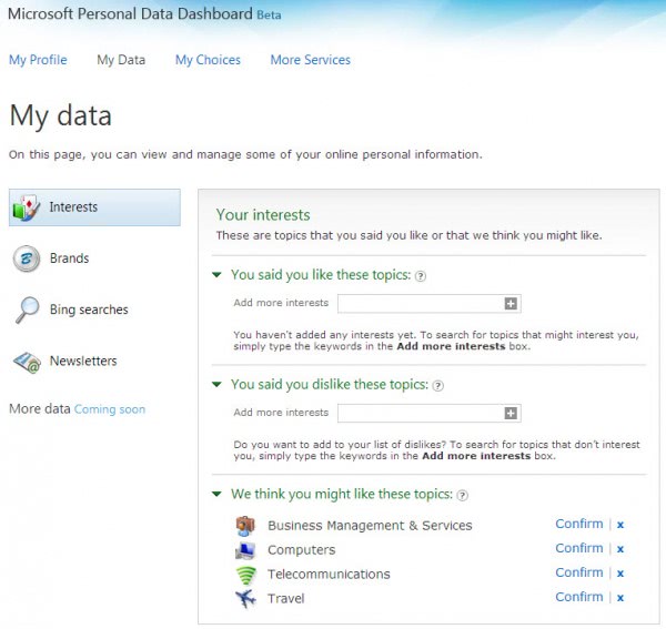 microsoft personal data dashboard