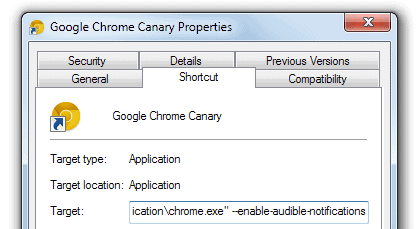 Audio notifiers are implemented in all versions of the Chrome browser, but need to be activated via a startup parameter before it becomes available.