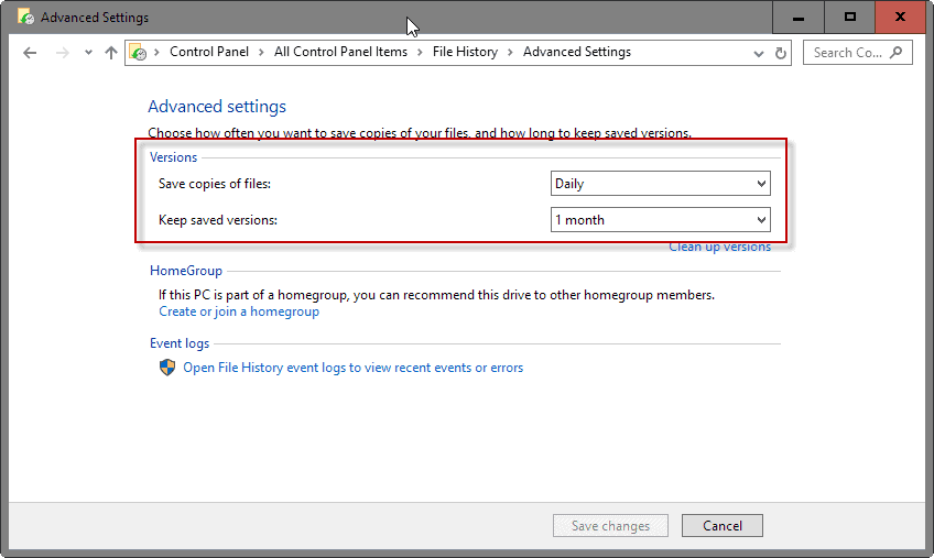 file history time period frequency