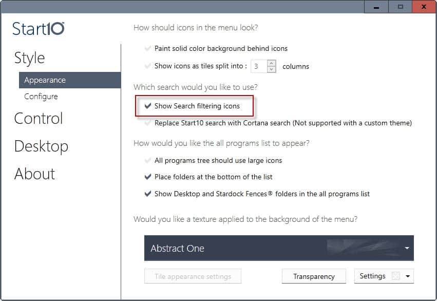 start10 search filters