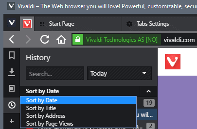 vivaldi history sort