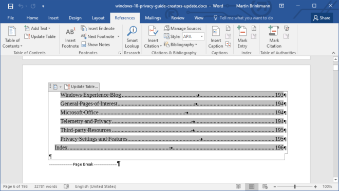 microsoft word table of contents periods
