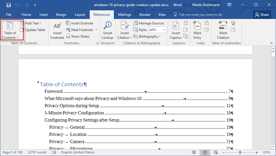 make a clickable table of contents word 2018