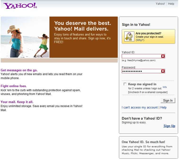 yahoo mail login with password only