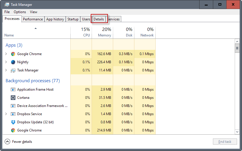 task manager window missing tabs