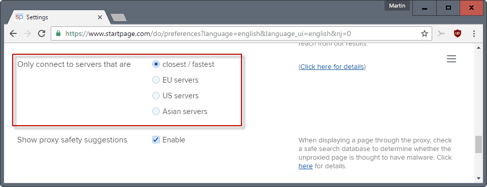 startpage servers