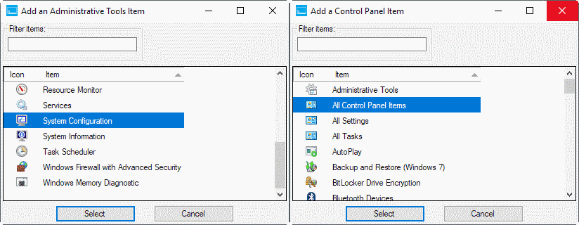 add items windows-x menu