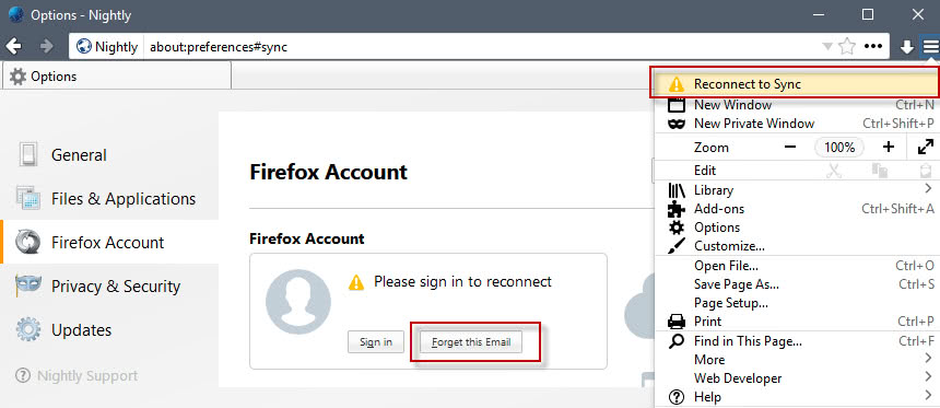 firefox reonnect to sync