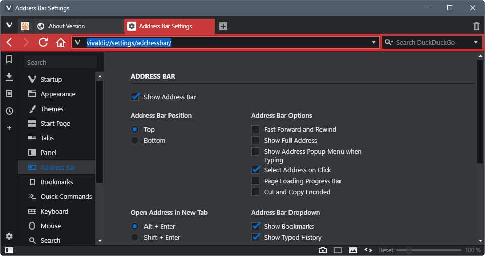 vivaldi 1.10 address bar dropdown