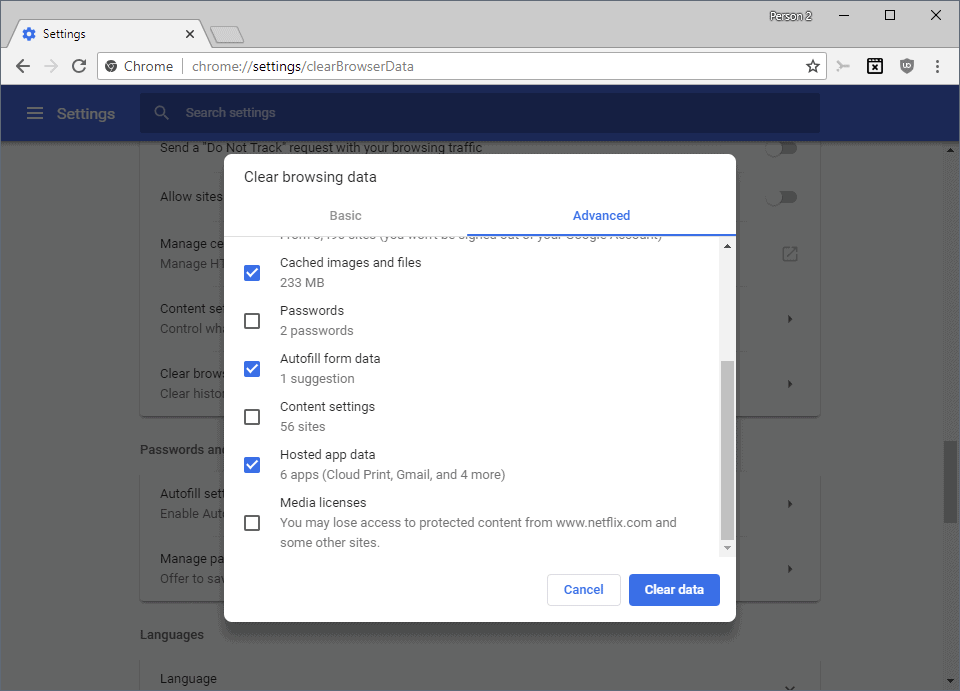 chrome delete form data